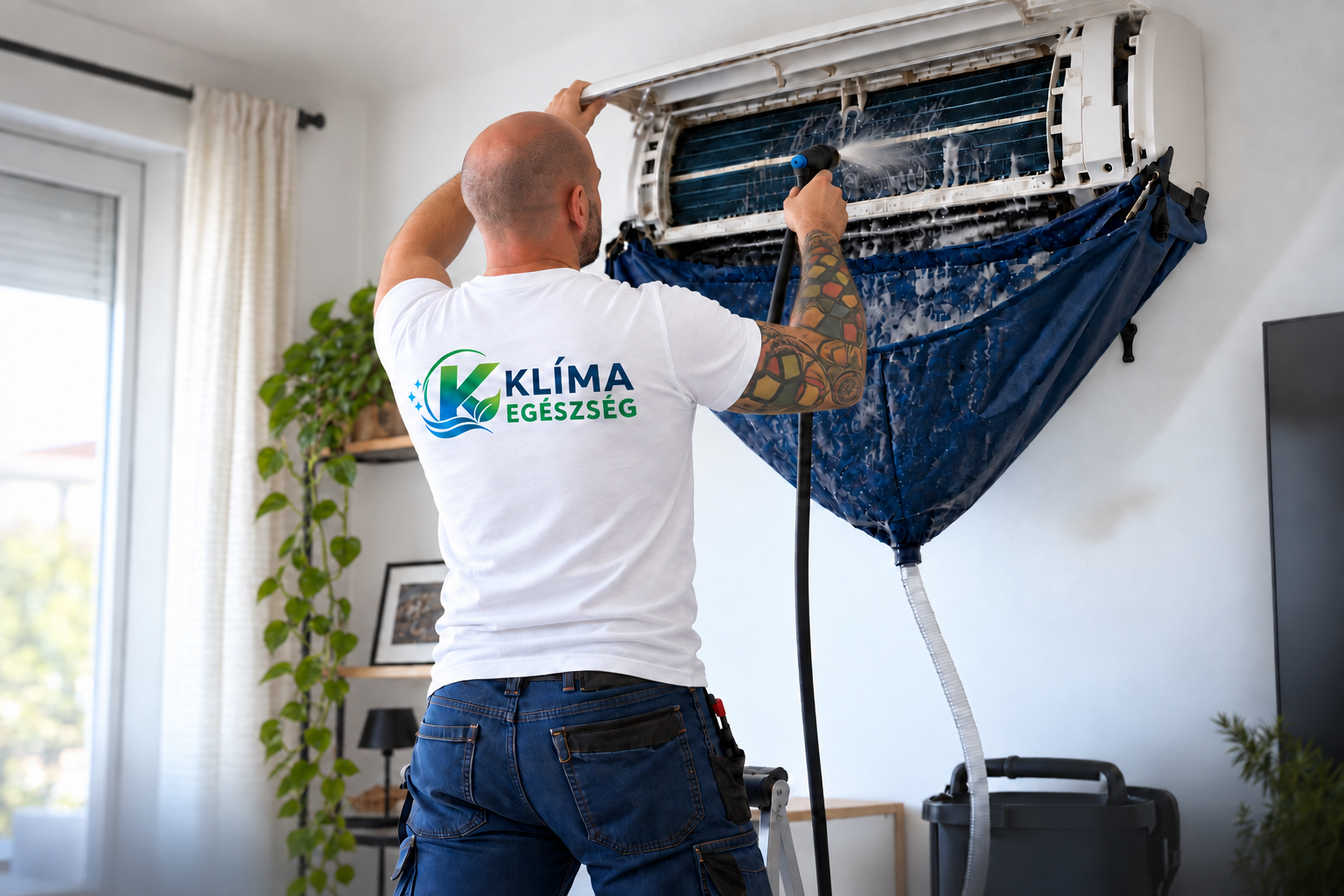 Illusztráció: szerelő mosózsákkal tisztít egy fali klímát